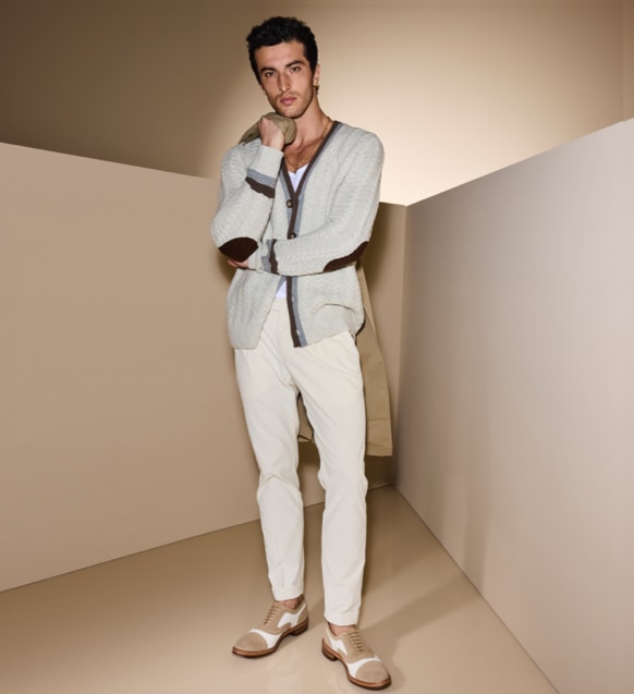 tan suede and wingtip on model