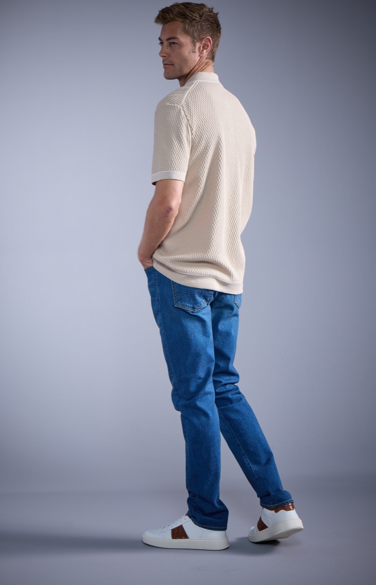 Bugatchi button-up polo and the woven leather accent on our Oliver slip-on sneaker