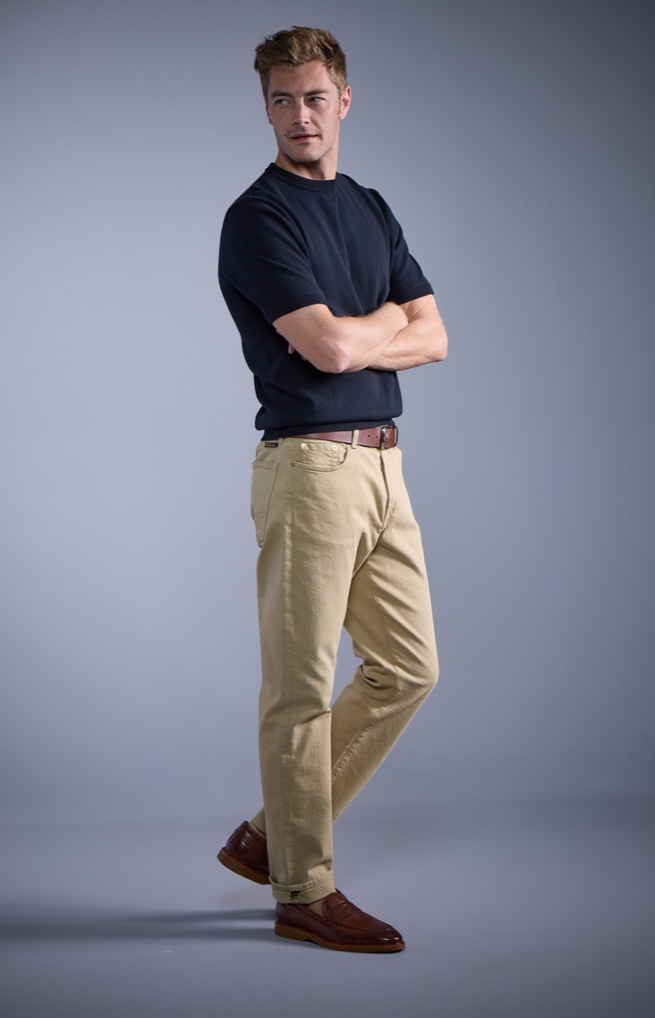 vintage inspired sweater knit T-shirt, khaki colored denim from Civilianaire and the Randolph Verse loafer