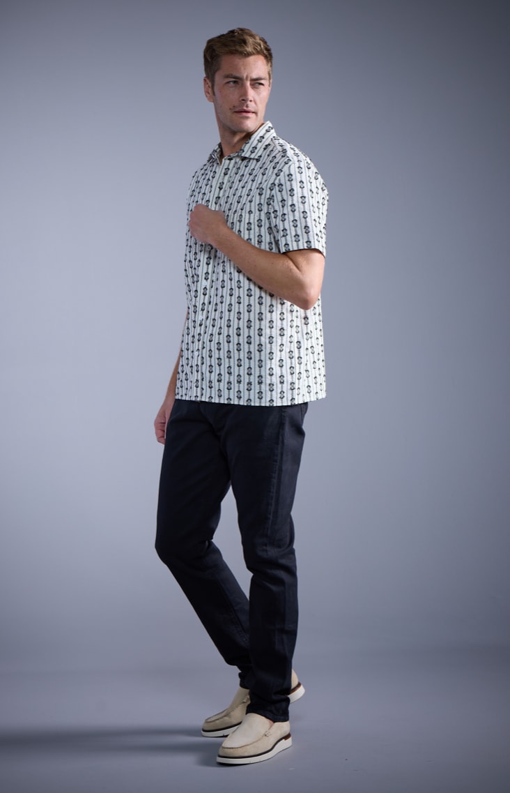 Carson hybrid Venetian loafer and Billy Reid’s geometric patterned shirt