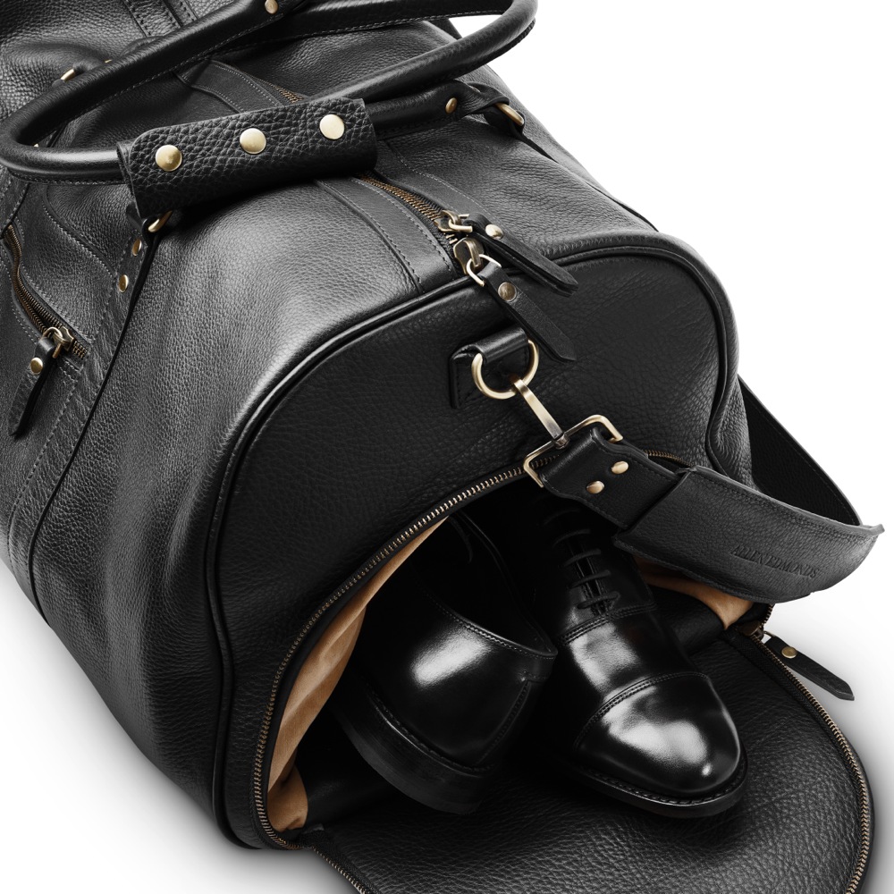 black leather duffel bag