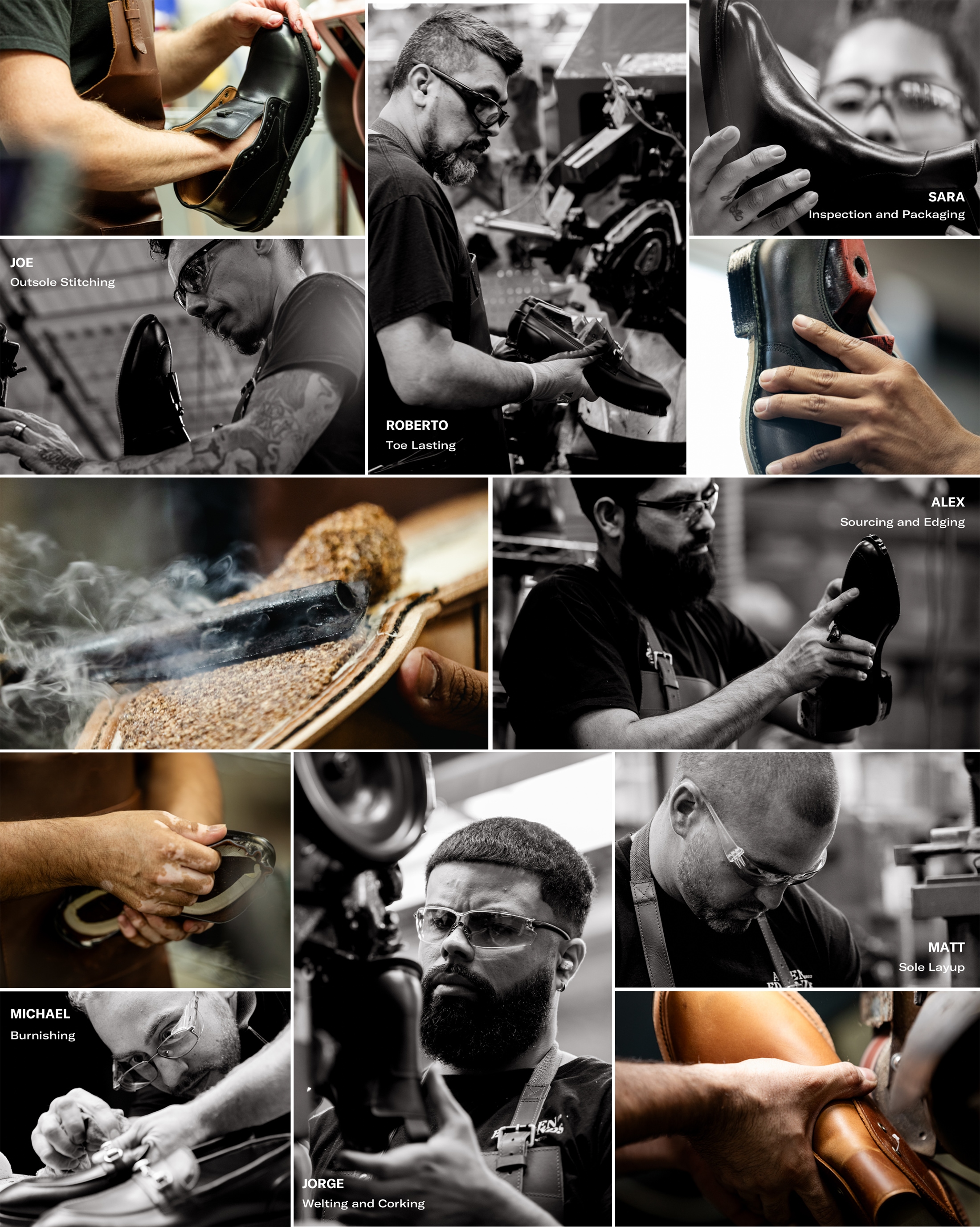 A series of photos showing the many of the artisans of Allen Edmonds