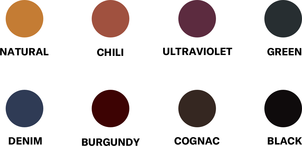 Cordovan swatches, including Natural, Chili, Ultraviolet, Green, Denim, Burgundy, Cognac and Black