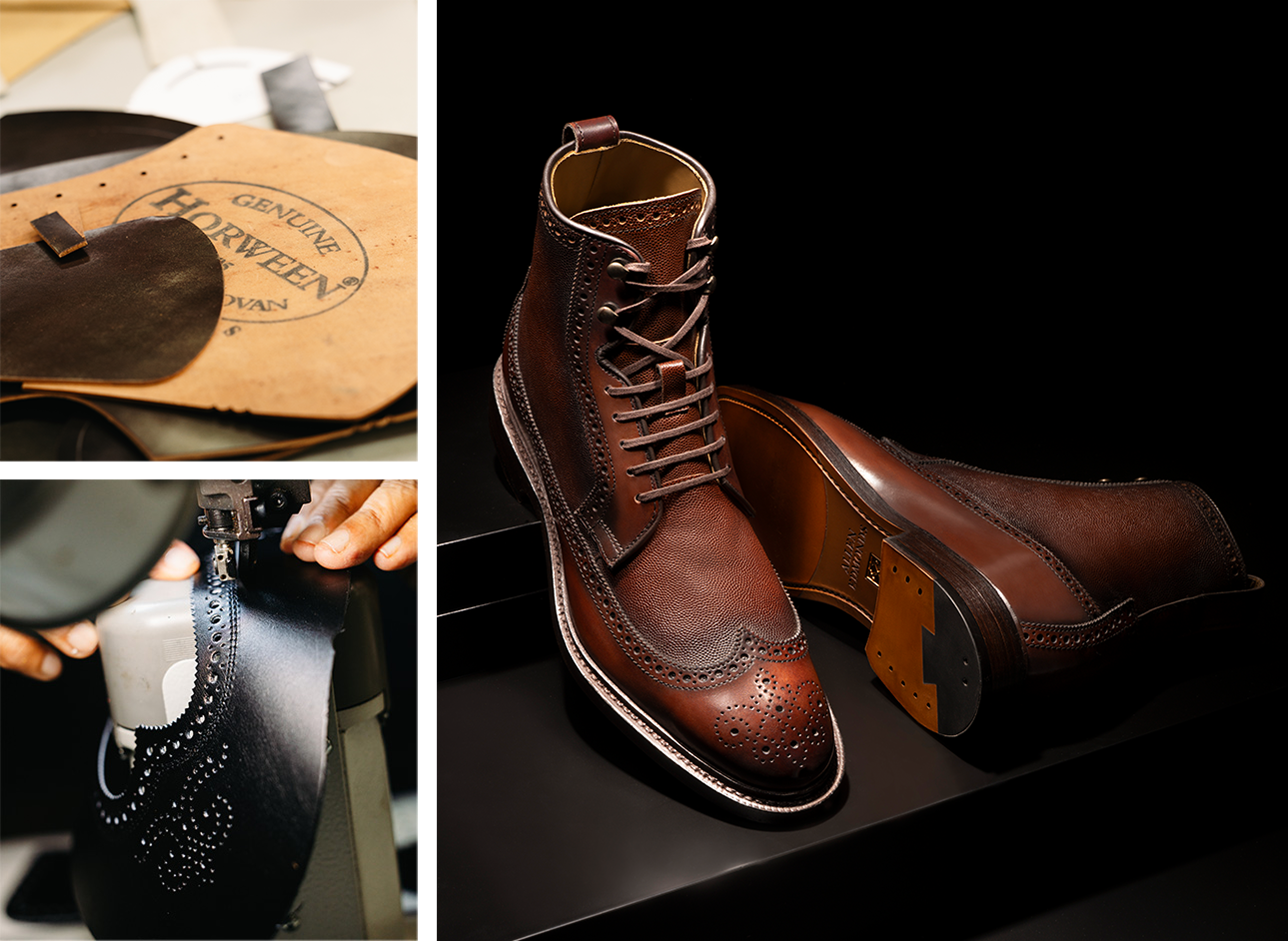 A collage of three images, one showing a Horween leather insole, one showing a person constructing a black leather dress shoe, and the third showing a pair of brown wingtip boots. 