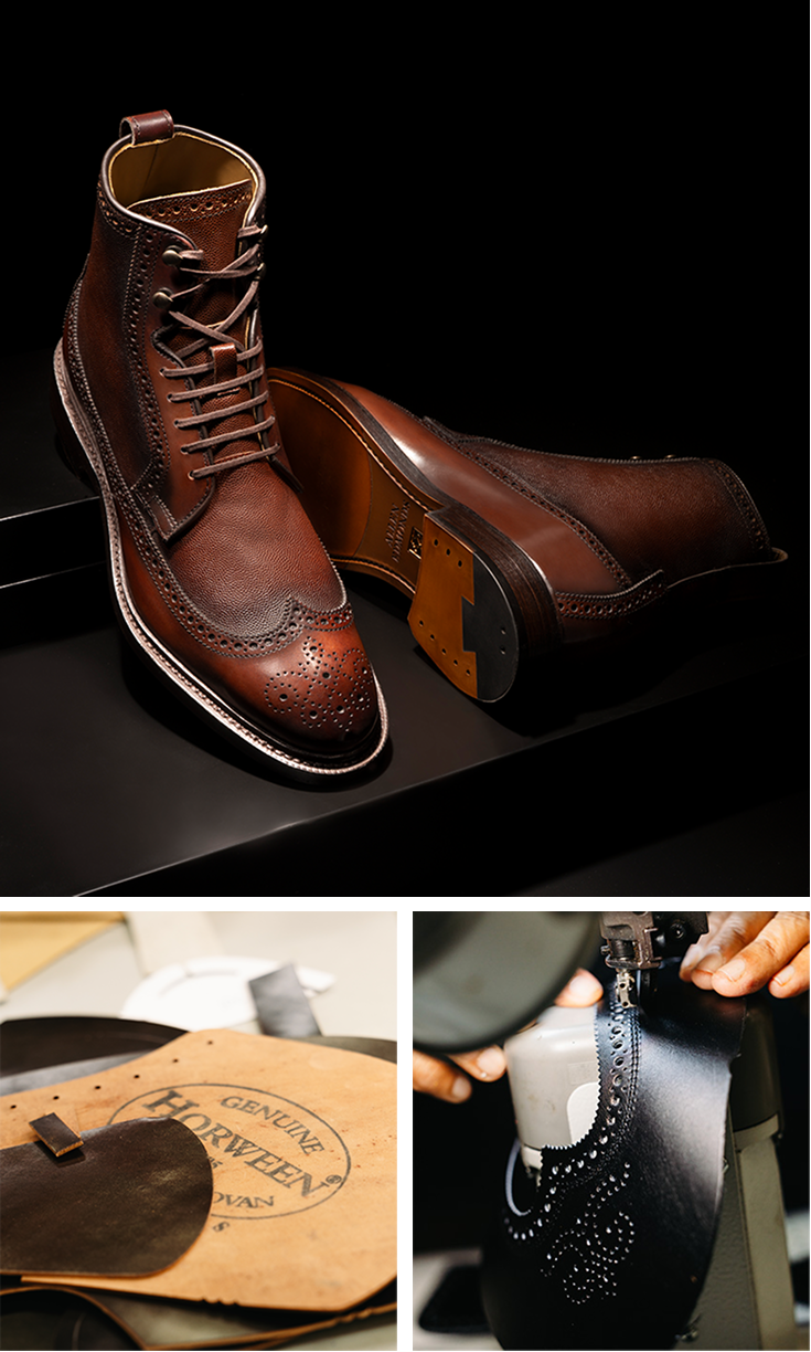 A collage of three images, one showing a Horween leather insole, one showing a person constructing a black leather dress shoe, and the third showing a pair of brown wingtip boots. 