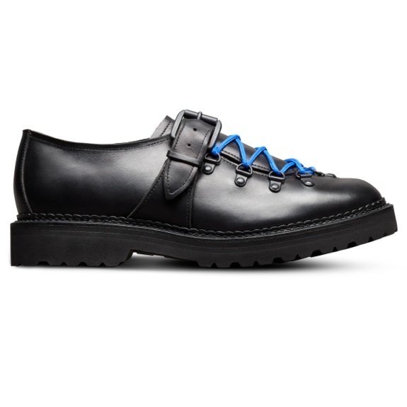 A side view of the Allen Edmonds Adirondack Low Hiking shoe in black leather, with the toe facing right.