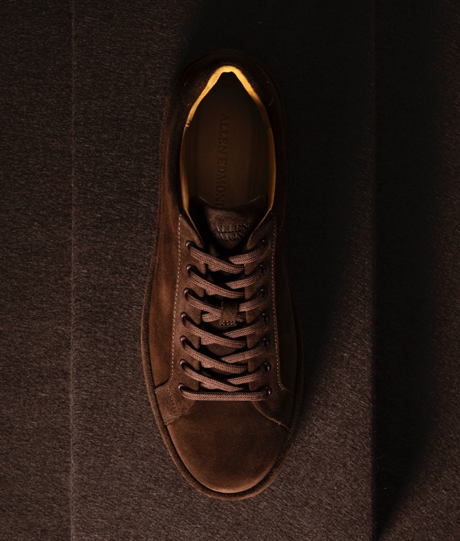A top view of the Allen Edmonds Barnes Lace Up Sneaker in brown suede.