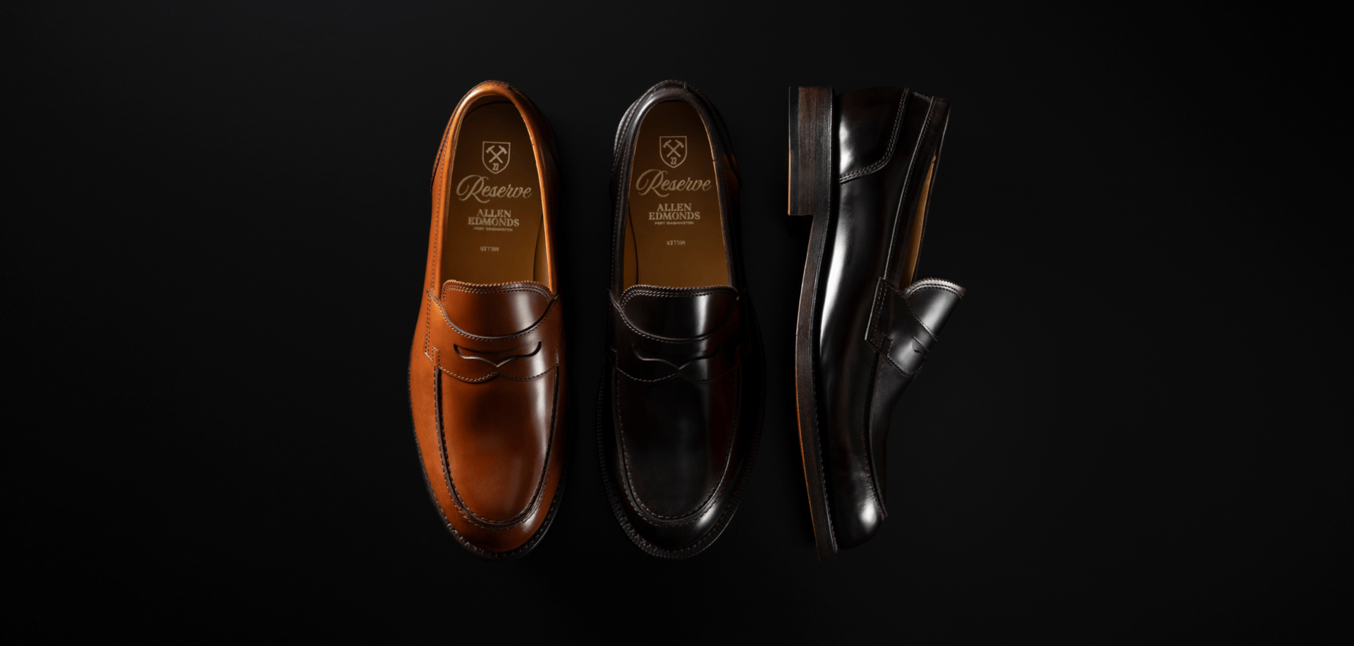 Allen Edmonds Reserve Miller Penny Loafer in tan, dark brown, and black leather 