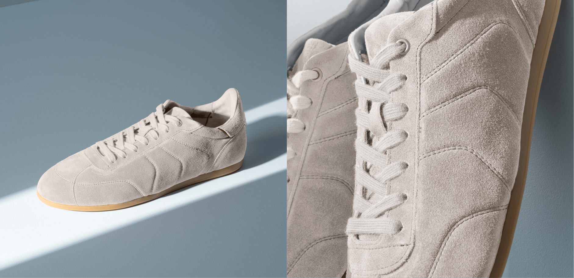 Aidan lace-up sneaker in Dove grey suede, shown in side profile and close-up of the paneled upper and gum sole.