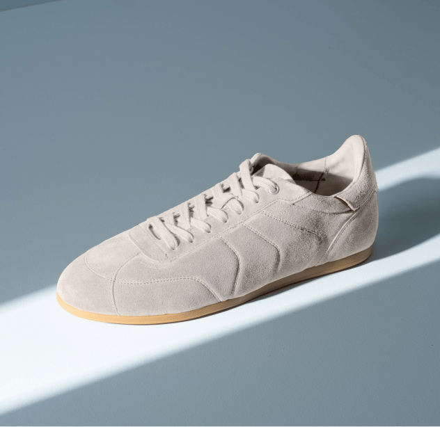 Aidan lace-up sneaker in Dove grey suede, shown in side profile