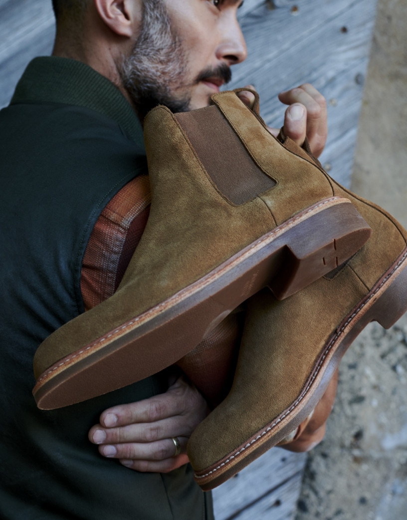 Fall tan suede chelsea boot for men by Allen Edmonds