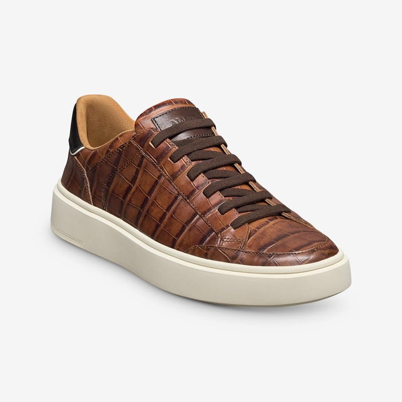 Allen Edmonds Oliver Slip-on Stretch-lace Sneaker in Chestnut Embossed Croc Leather, size 9.0 3E