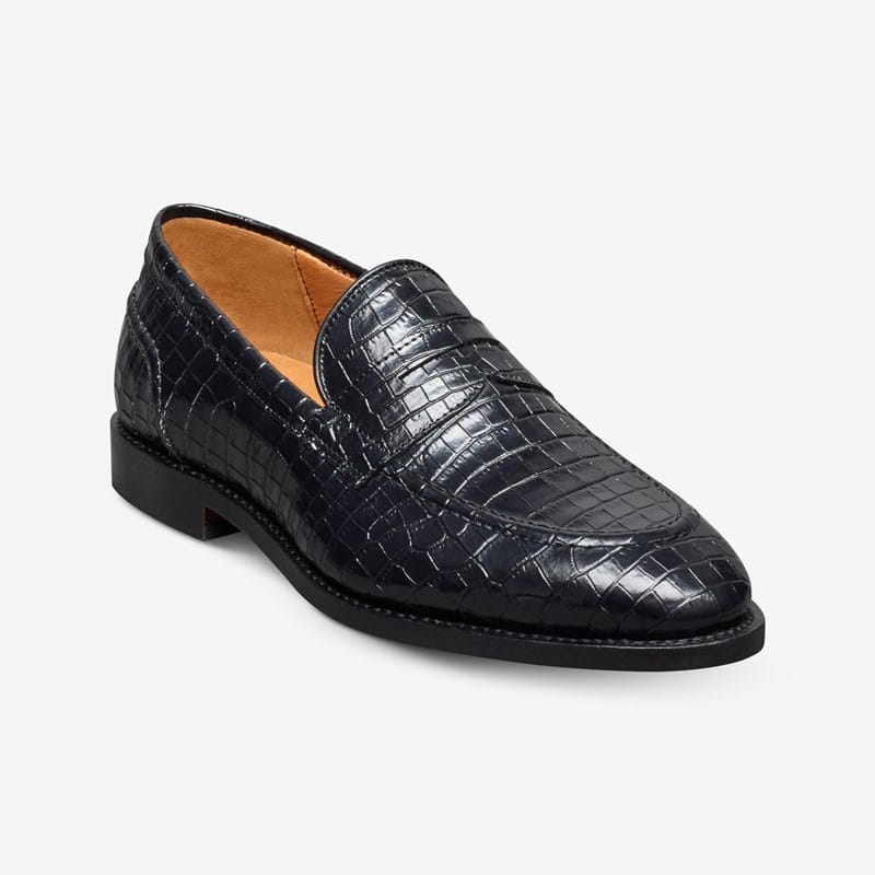 Allen Edmonds Randolph 2.0 Penny Loafer in Black Embossed Croco Leather, size 9.5 E
