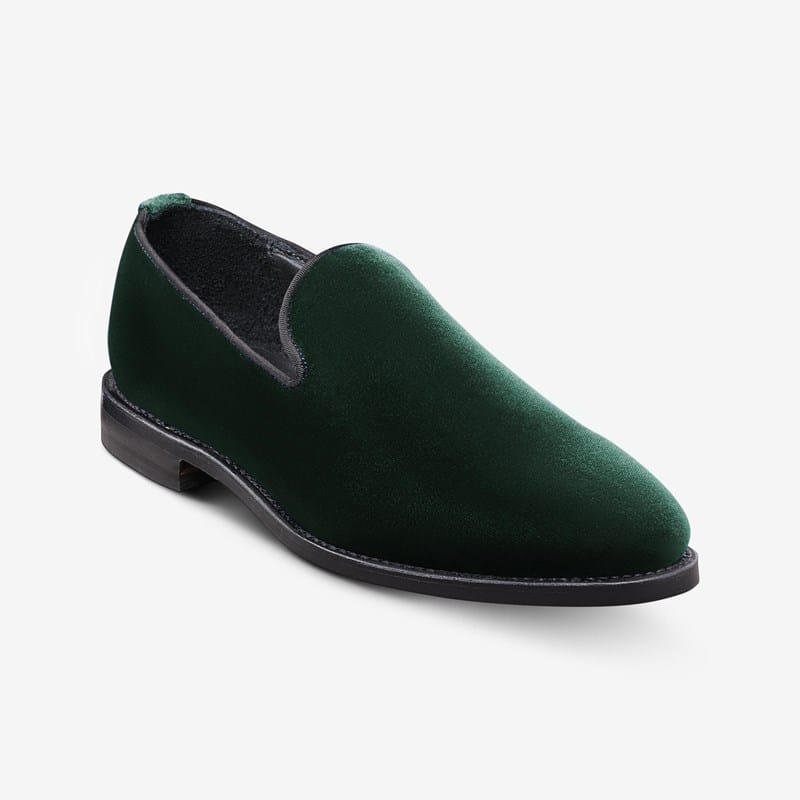 Allen Edmonds Robinson Smoking Slip-on Loafer in Green Velvet, size 10.0 D, Leather