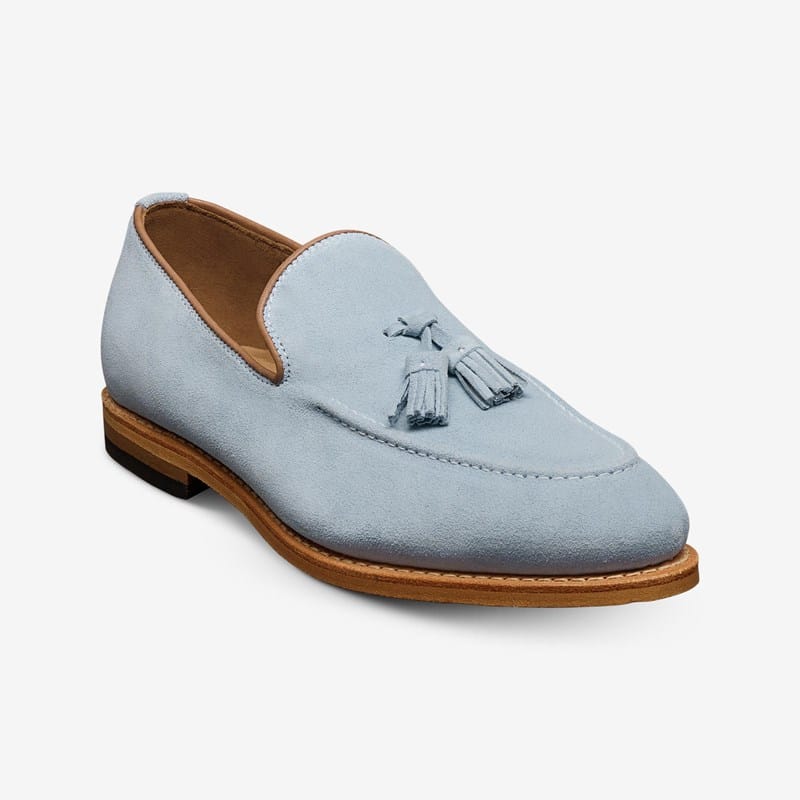 Allen Edmonds Randolph Tassel Loafer in Sky Blue Suede, size 9.5 E, Leather