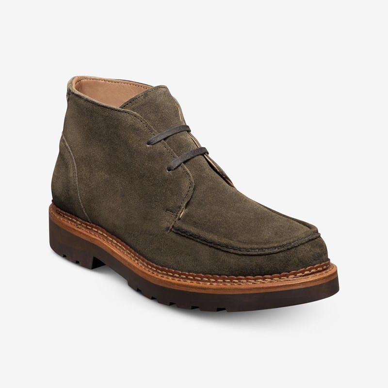 Allen Edmonds Cameron Apron-toe Chukka Boot Boots in Dark Olive Green Suede, size 7.5 3E, Leather/Rubber